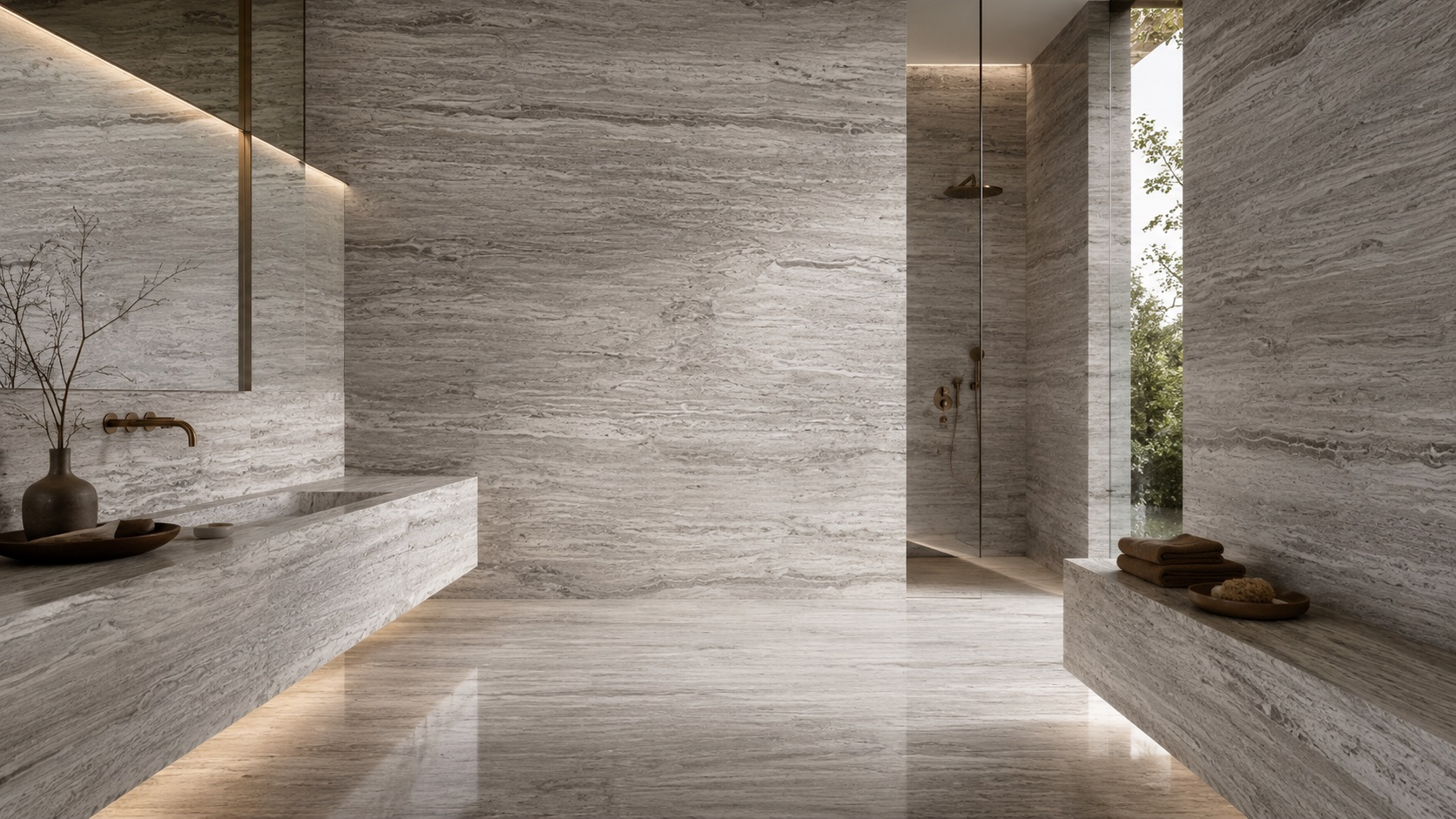 Baño minimalista revestido con piedra gris de vetas horizontales